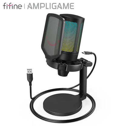 AmpliGame by FIFINE USB Gaming Microphone — RGB Condenser Mic with Gain Knob, Touch Mute for Streaming, Podcast, PC, Switch & PS5 A6NEO