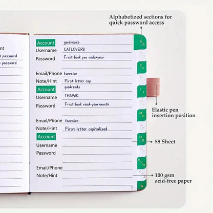 PU Cover A6 Notebook – Password Book with Alphabetical Tabs, Notepad for Office & School Supplies