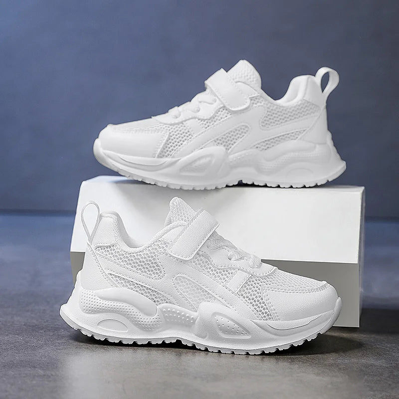 White Kids Leather Casual Shoes — Boys & Girls Outdoor Running Sneakers, Breathable Mesh, Non-Slip School Walking Sport Shoes