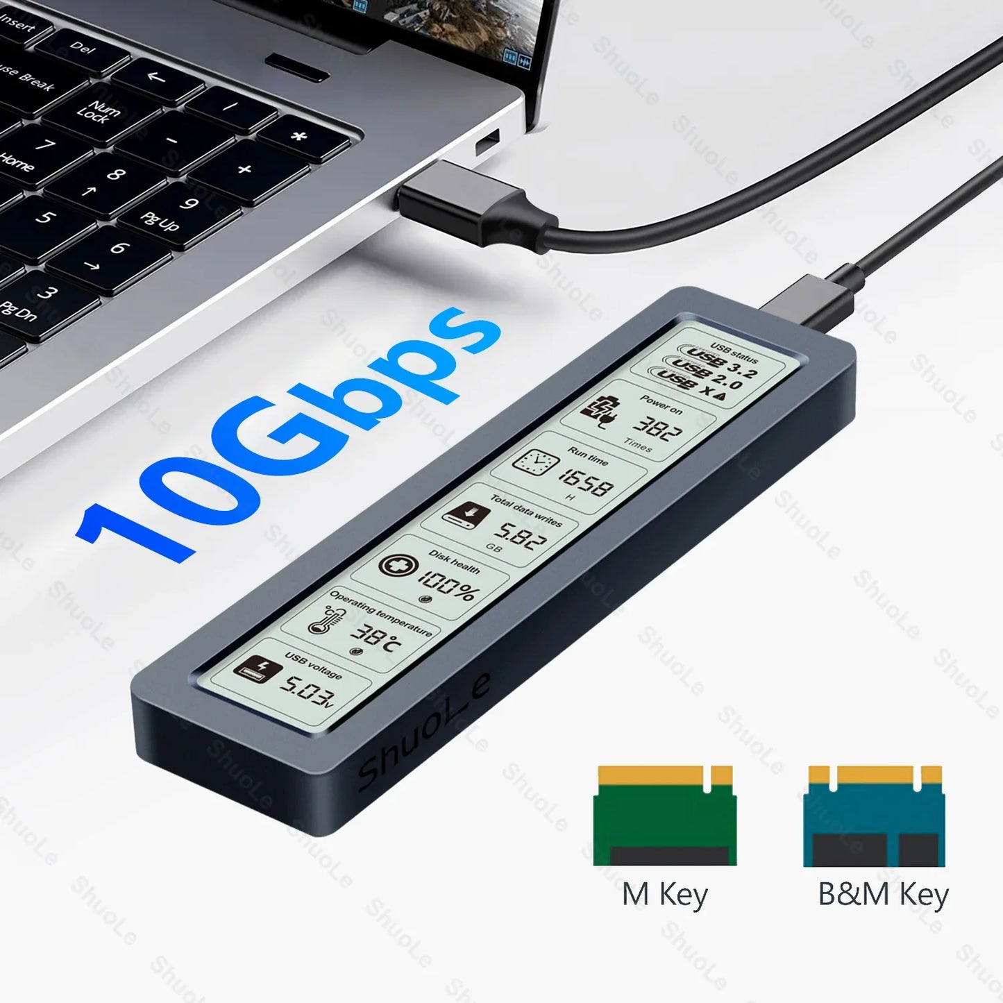 M.2 NVMe SATA SSD Enclosure – Smart Visual Case, USB 3.2 Gen 2, 10Gbps, PCI-E 20Gbps Speed