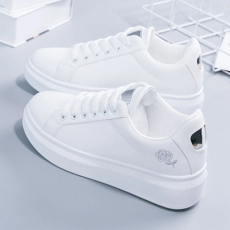 Women’s White Embroidered Sneakers - Breathable PU Leather Casual Lace-Up Shoes
