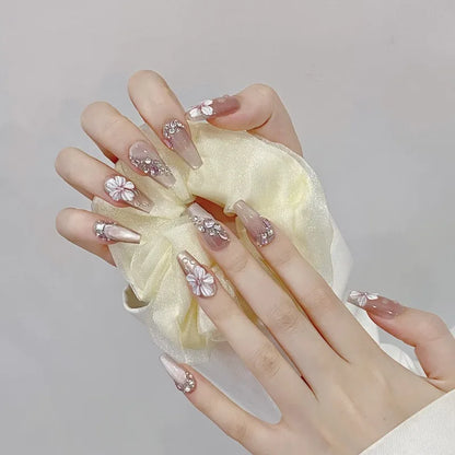 10Pcs Handmade Press-On Nails – Cute Flower & Butterfly Design with Glossy Diamond Full Cover Acrylic Tips