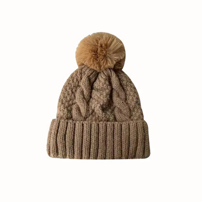 New Women’s Winter Twist Knit Hat – Thick Plush Beanie with Fur Pompom, Solid Color Ski Snow Skullies