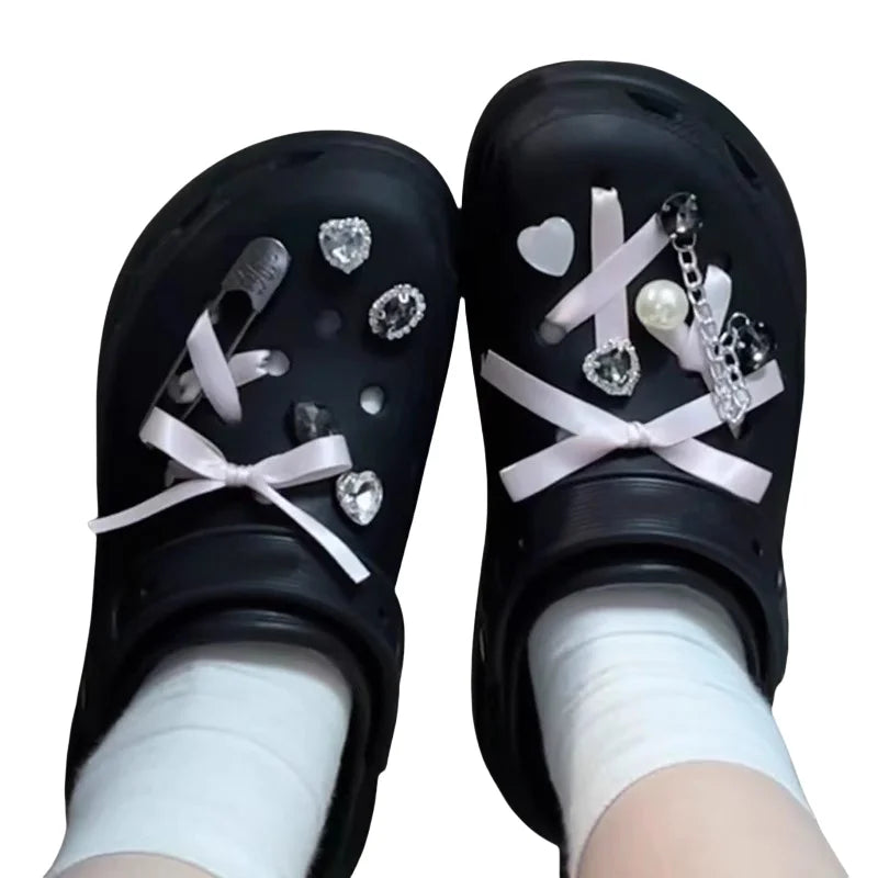 Pink Cute Shoe Charms with Ribbon Bow – Designer Clog Accessories for Girls & Women