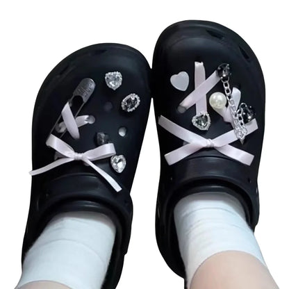 Pink Cute Shoe Charms with Ribbon Bow – Designer Clog Accessories for Girls & Women