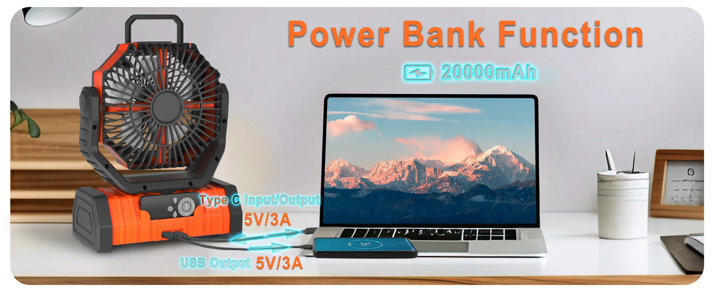 20000mAh / 10000mAh USB Rechargeable Camping Fan — Portable Wireless Air Circulator with 270° Rotating Head & Hook