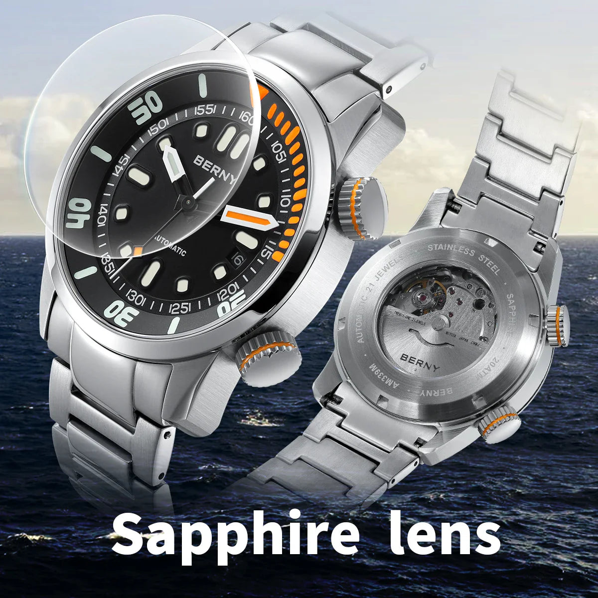 BERNY Automatic Men's Dive Watch – Super Luminous 20ATM Sapphire Wristwatch