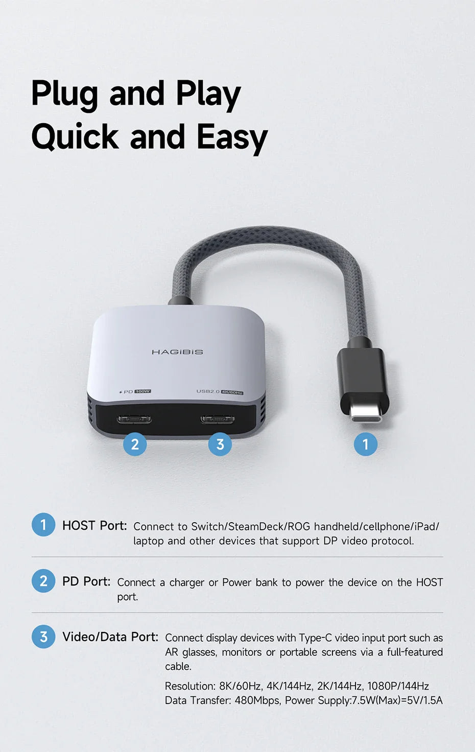 Hagibis AR Glasses Adapter USB-C Hub — Charging & Play Converter for Switch, Rokid, Xreal, RayNeo Air