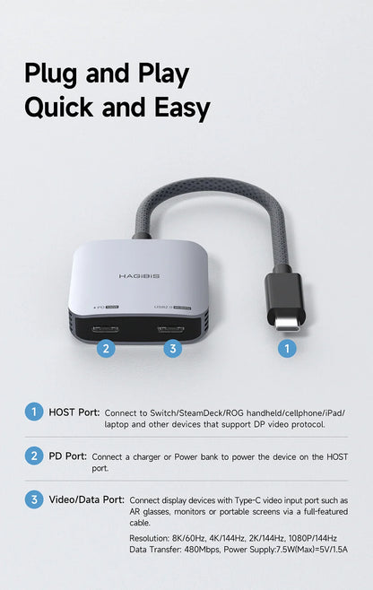 Hagibis AR Glasses Adapter USB-C Hub — Charging & Play Converter for Switch, Rokid, Xreal, RayNeo Air