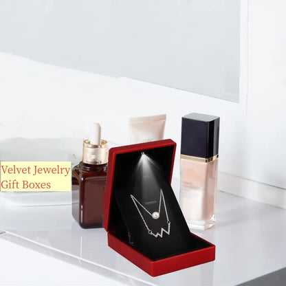 Pendant Box with LED Light - Velvet Jewelry Case, Square Shaped Gift Box for Engagement and Proposal Necklaces