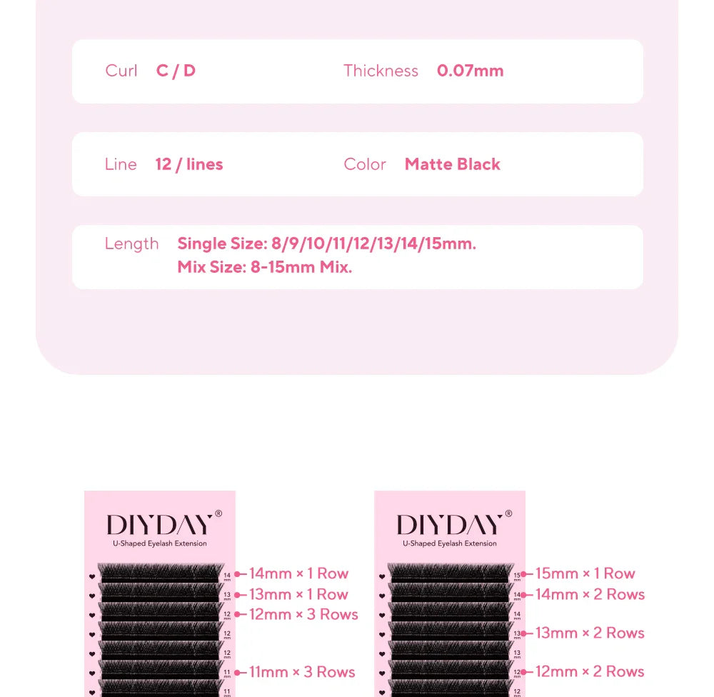 DIYDAY U-Shaped 3D Volume Eyelash Extensions — Easy-Apply Natural Wispy U YY Shape Faux Mink Lashes for Makeup