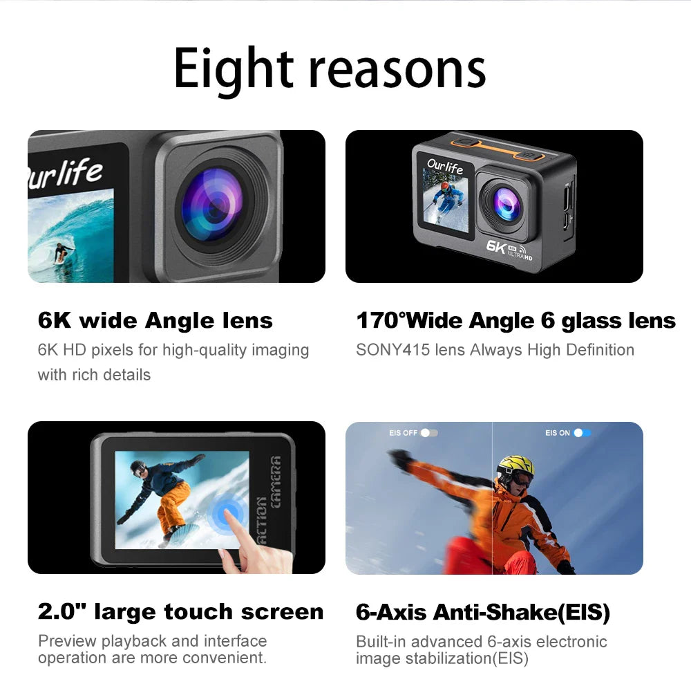 6K 4K60FPS Action Camera – 50MP Dual Screen, 2.0" Touch LCD, EIS, WiFi, 170° Lens, 30M Waterproof, 5X Zoom with Remote
