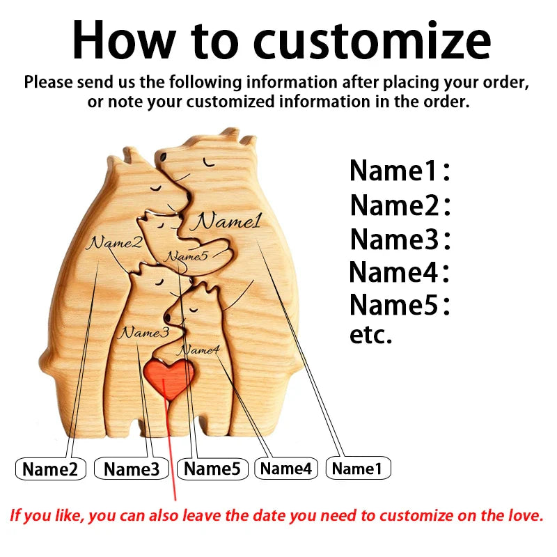 Personalized Wooden Bear Family Puzzle – Custom Name Home Decor, Thanksgiving & Christmas Gift for Mom & Baby