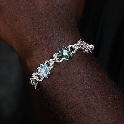 New Iced Out Moissanite Chain Necklace & Colorful Flower Bracelet – Hip Hop S925 Silver, 18K Plated Jewelry for Men & Women