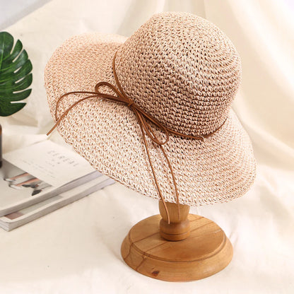 Women’s Holiday Beach Sun Hat – Large Brim Woven Straw Fisherman Hat with Bow, Seaside Sun Protection Panama Chapeau Korean Style