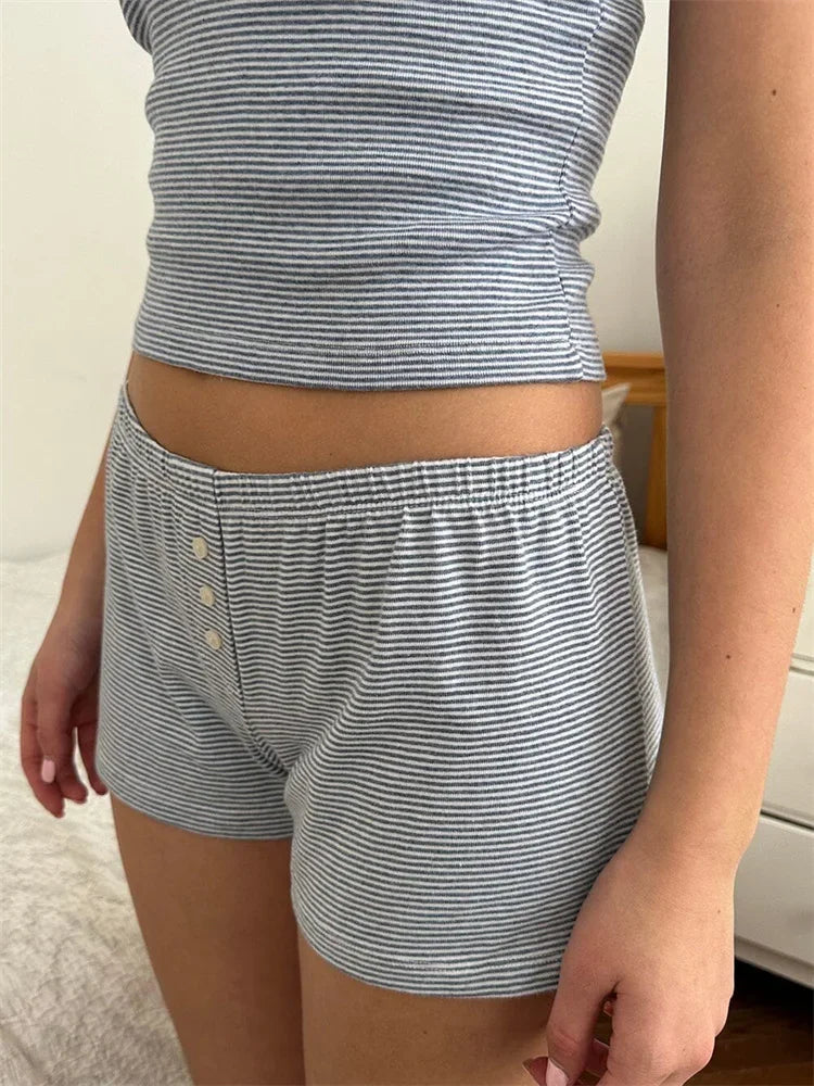 Women’s 2-Piece Loungewear Set – Striped Lace Trim Sleeveless Tank Top & Shorts Summer Pajama Sleepwear Outfit