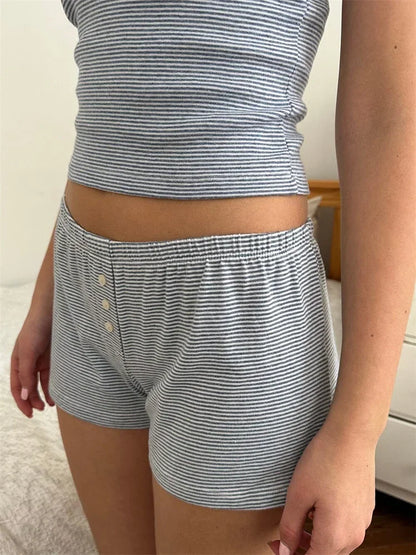 Women’s 2-Piece Loungewear Set – Striped Lace Trim Sleeveless Tank Top & Shorts Summer Pajama Sleepwear Outfit