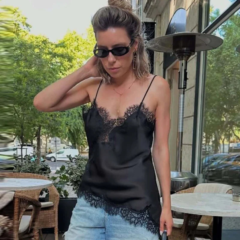 HXAO Women’s Asymmetrical Lace Off-Shoulder Tank Top – Summer 2025 Y2K Black Sleeveless Backless Elegant Camisole Top