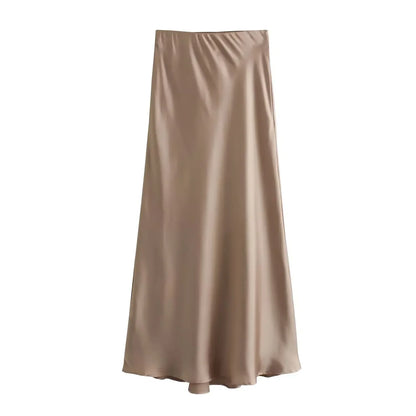 Willshela 2024 Women’s Black Satin High Waist Midi Skirt – Elegant Long Office & Summer Fashion Skirt for Women, Slim Fit Casual Wear