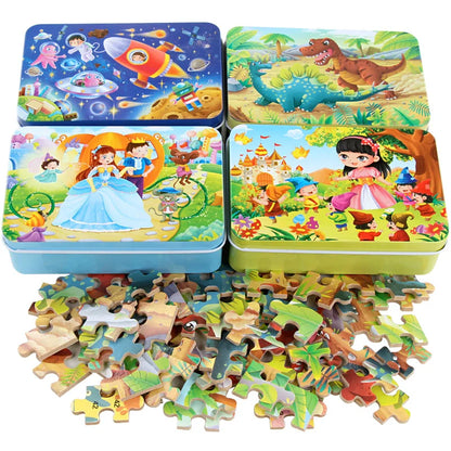 60PCS Cartoon Jigsaw Puzzle with Metal Box – Kids Educational Animal & Vehicle Puzzle Game