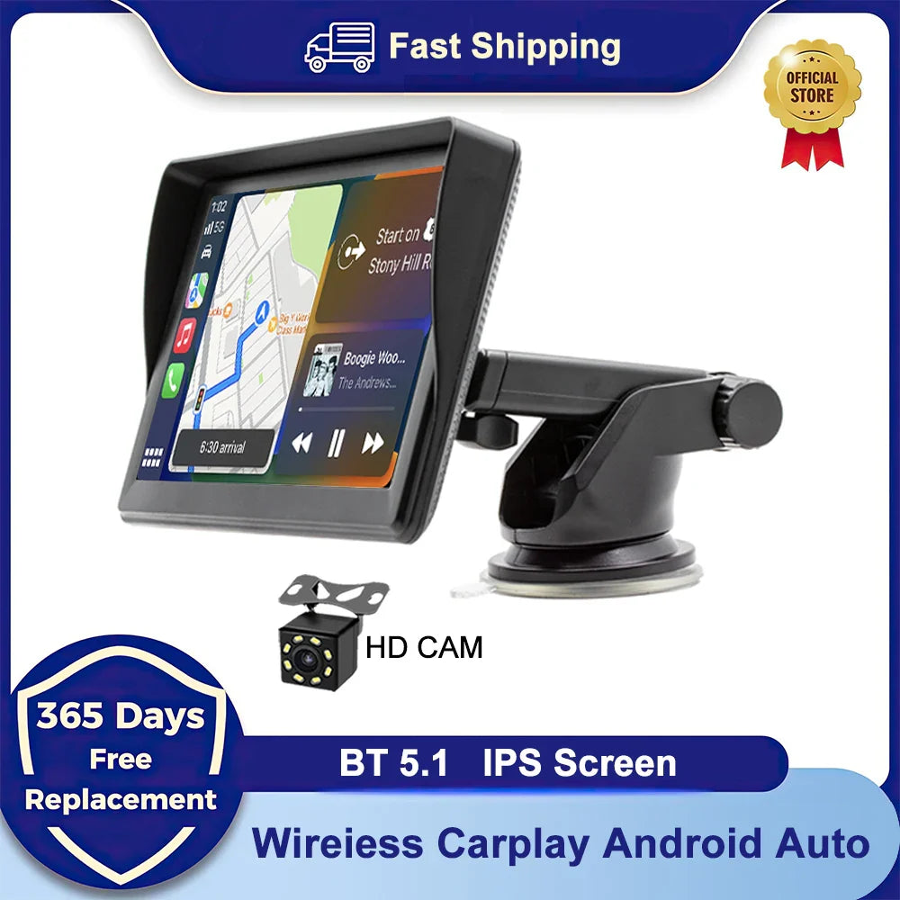 7 Inch IPS Portable Car Radio – WIFI Wireless CarPlay & Android Auto, Multimedia Video Player with Reversing Camera for Apple/Android