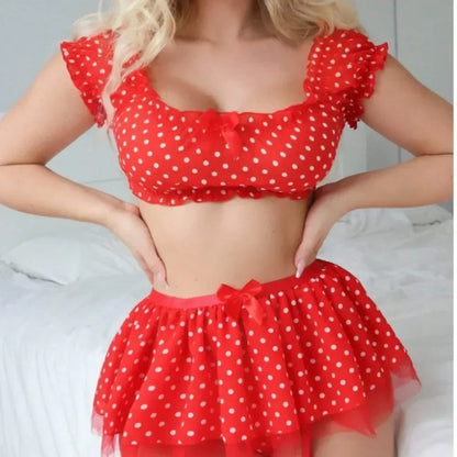 Women’s Polka Dot Off Shoulder Lingerie Set – Sexy Puffy Mini Skirt with Garter Straps