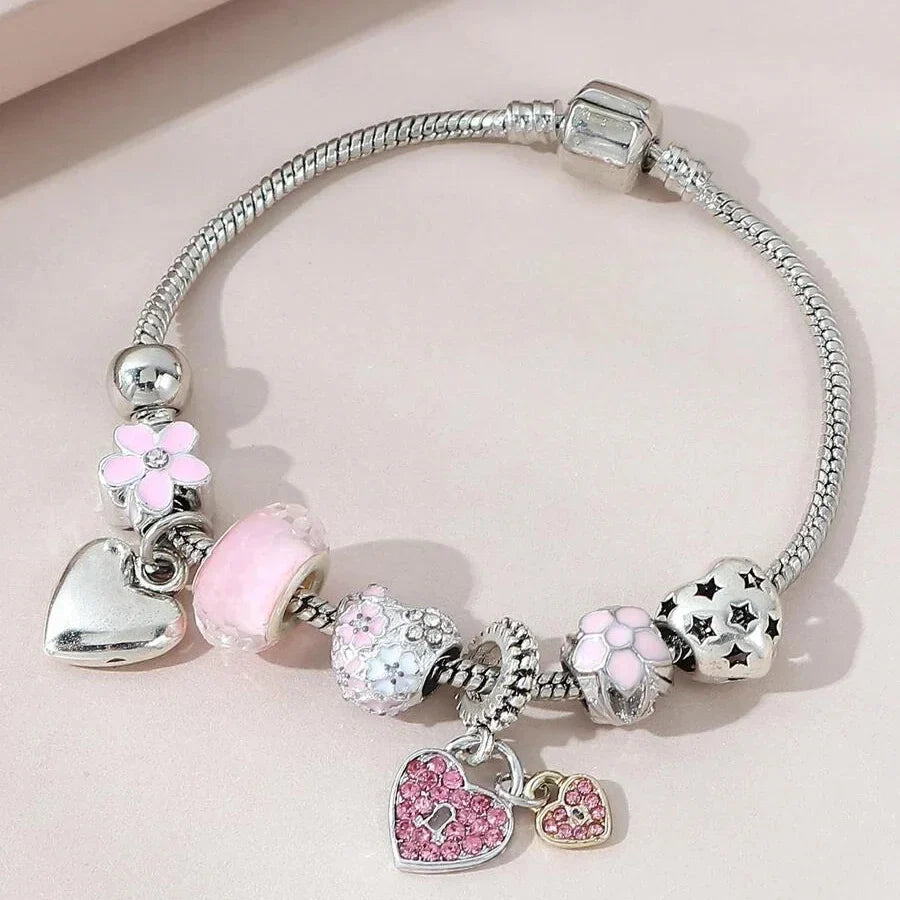 Obega Love Heart Flower Glass Pendant Bracelet – Classic Pink & White Crystal Stone, Adjustable Bead, Silver/Gold Color