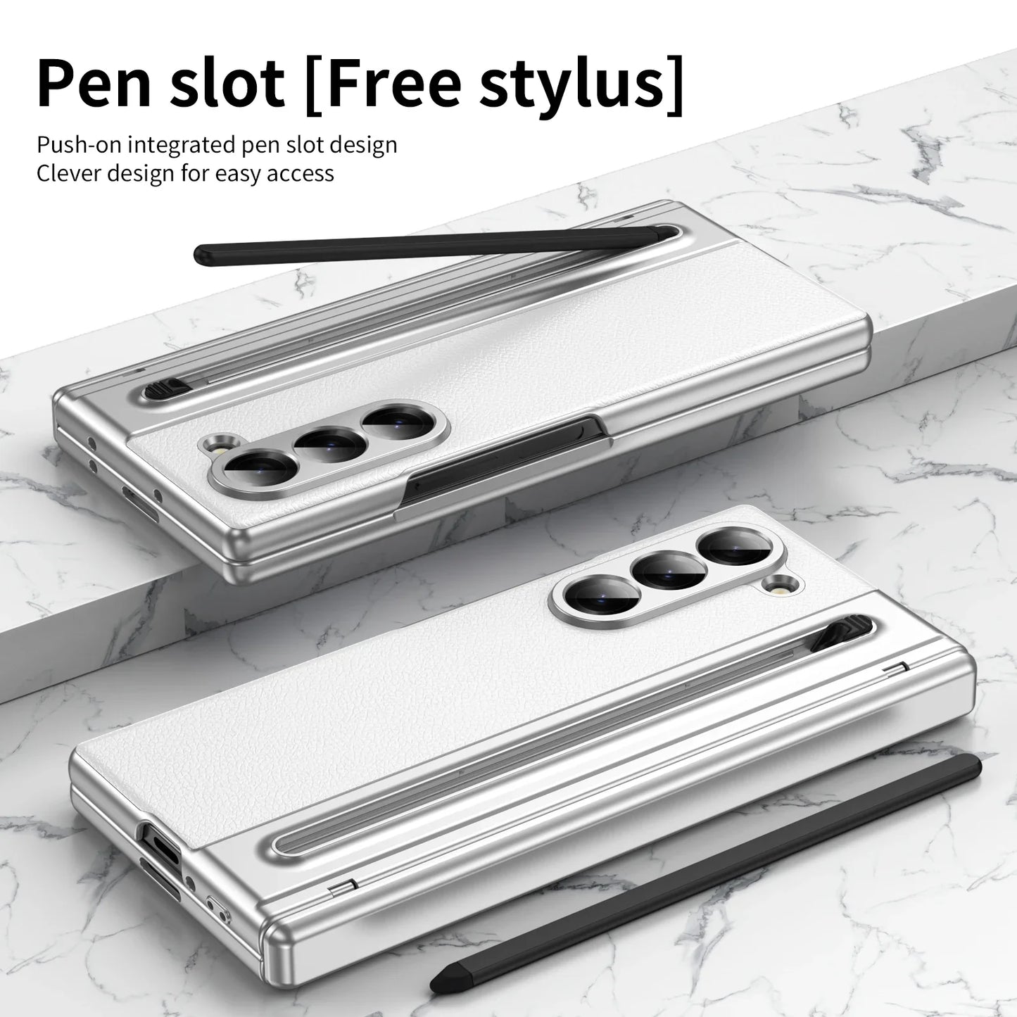 Slim Leather Case with Touch Pen for Samsung Galaxy Z Fold 6/5/W25/4/3 – Plated Hinge & Full Screen Protector Cover
