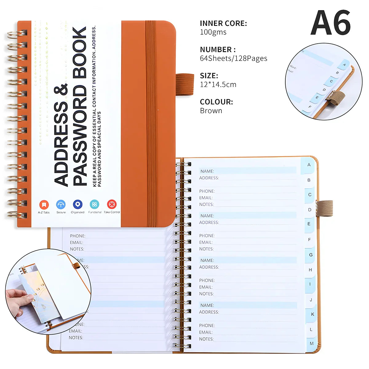 A6 Password Book with PP Coil – English Address & Password Organizer, Thick Horizontal Notebook for Office Use