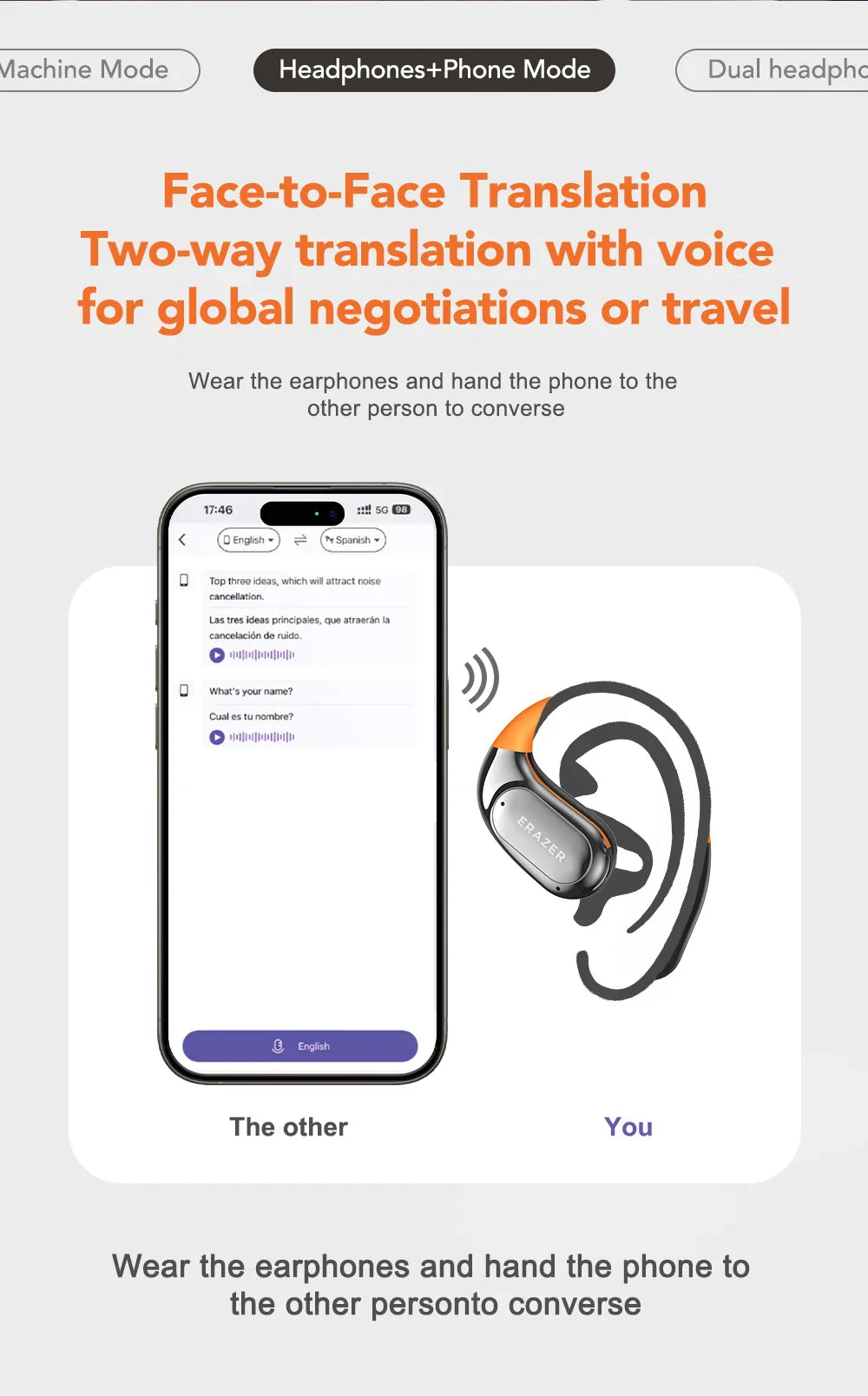 ERAZER XF31 AI Translator Earphones - Bluetooth Translation Earbuds, Sleep ASMR Headset, DIY APP, Wireless Open-Back Headphones