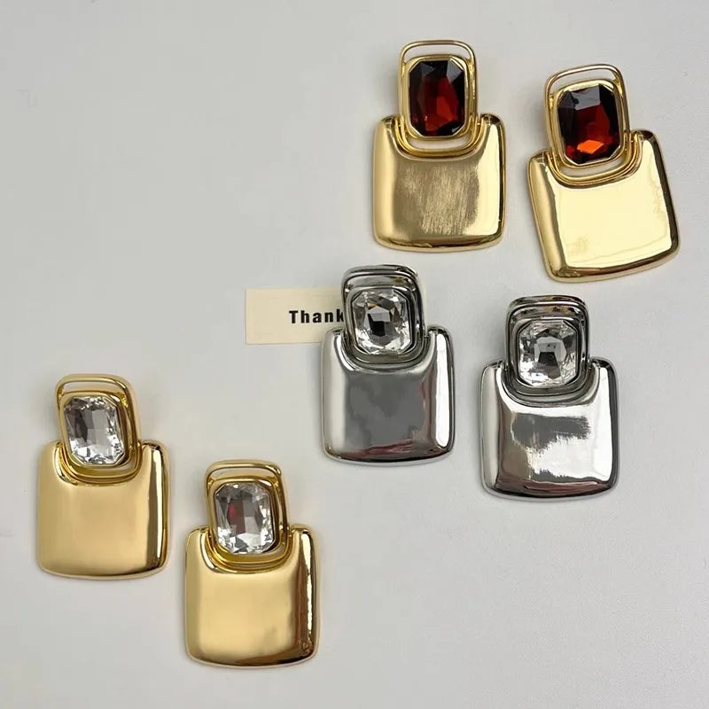 Vintage Large Geometric Crystal Earrings – Exaggerated Metal Statement Jewelry for Women