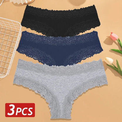 3PCS Women’s Cotton Lace Panties Set - Low Waist Brazilian Bikini Underwear Soft Floral Lingerie T-Back Style