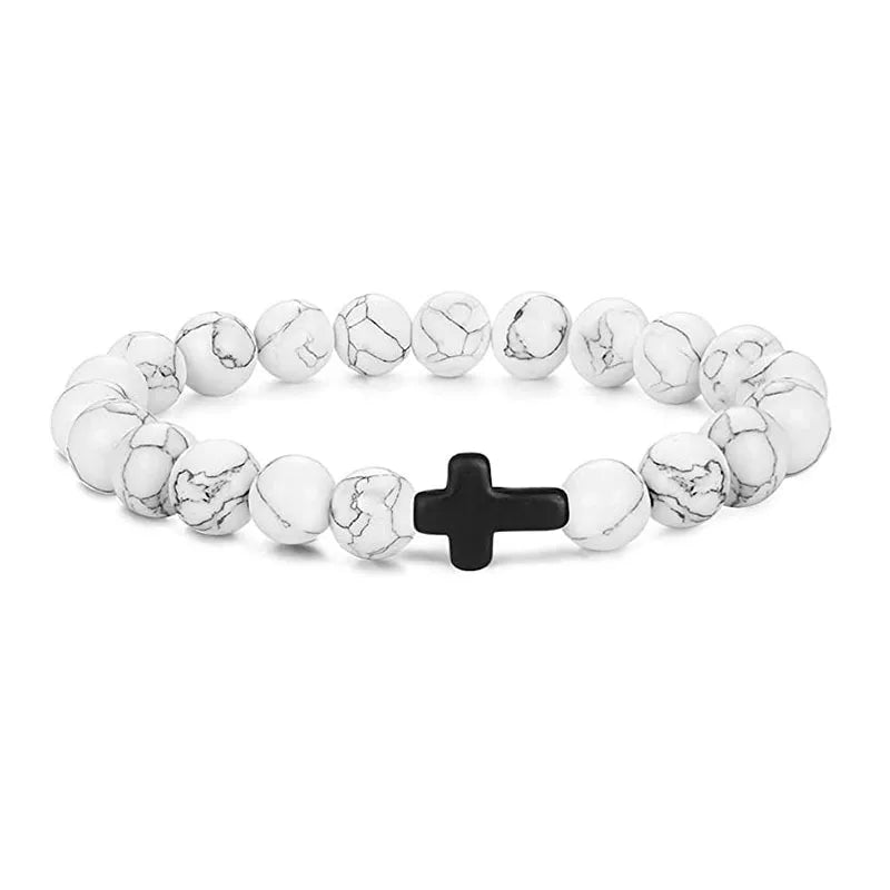Natural Stone & Wood Bead Rosary Bracelet - Hematite Cross Meditation & Yoga Jewelry for Men & Women