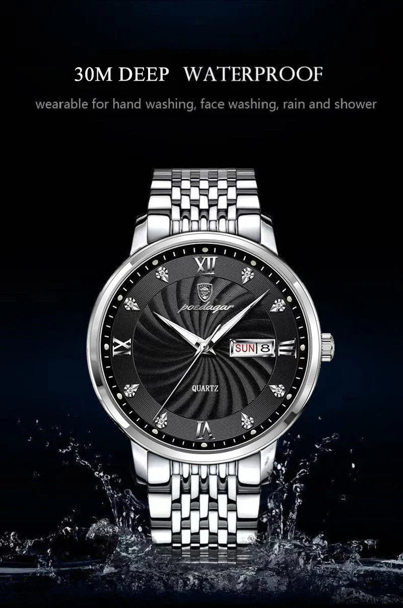 POEDAGAR Luxury Men's Watch — Waterproof Luminous Quartz Wristwatch with Date & Week, Stainless Steel Sports Fashion