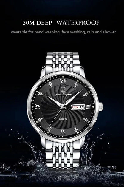 POEDAGAR Luxury Men's Watch — Waterproof Luminous Quartz Wristwatch with Date & Week, Stainless Steel Sports Fashion