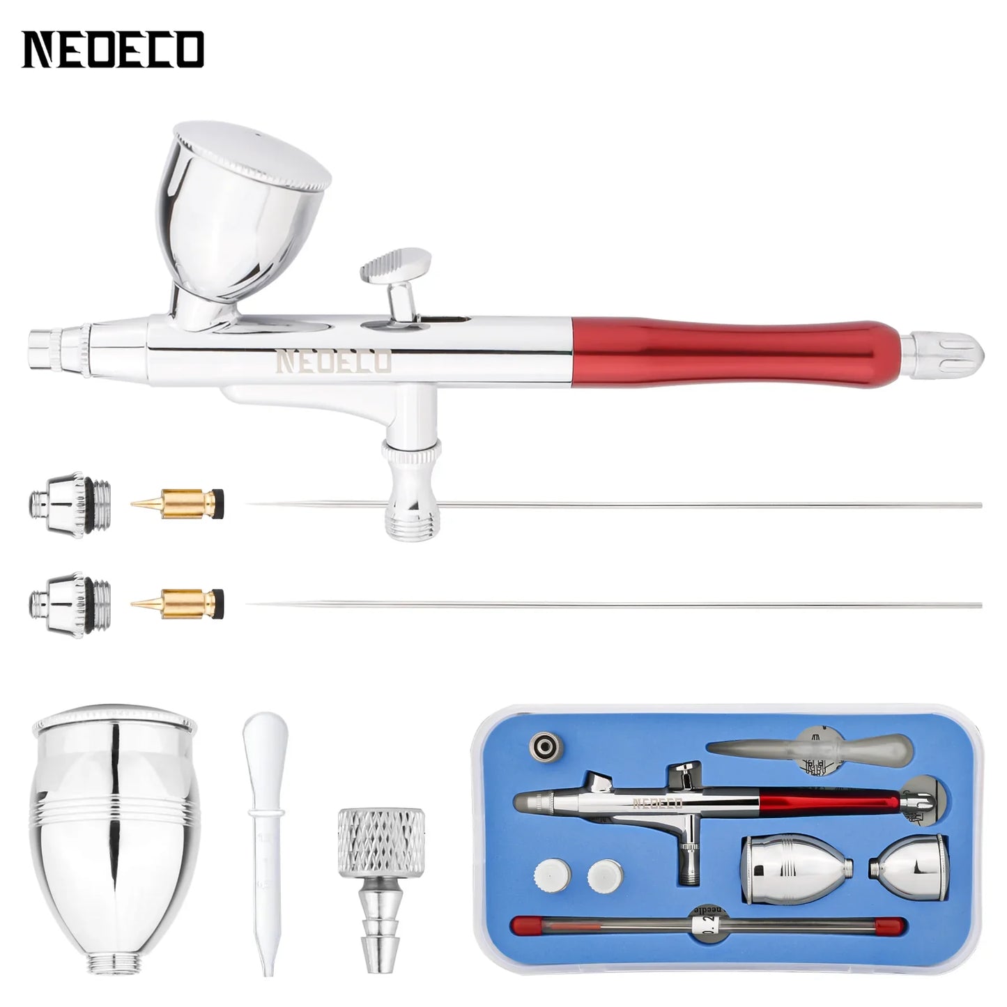 Dual-Action Airbrush with Auto-Centering Nozzle, 7cc/13cc Cups, 0.2/0.3/0.5mm Needles for Modeling, Makeup, Nail Art & Painting