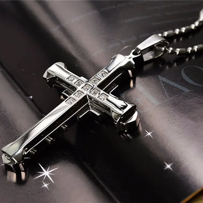 2024 Men’s Crystal Jesus Cross Pendant Necklace – Stainless Steel Zirconia Cross Jewelry in Gold, Black & Blue Color Options