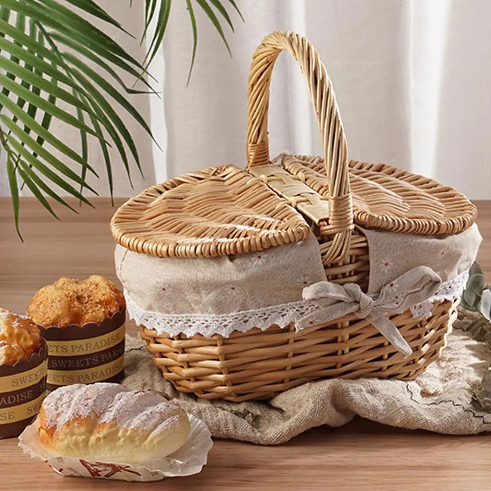 Handmade Wicker Picnic Basket with Handle – Multi-Purpose Willow Woven Storage Hamper for Outdoor Camping and Fruit