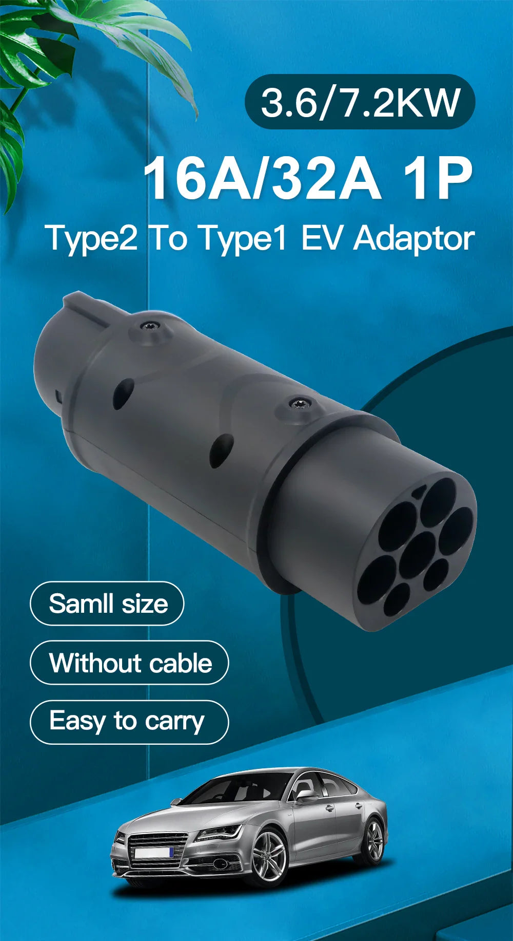 Kolanky Type2 to Type1 EV Charger Adapter – IEC 62196, 16A/32A J1772 Converter for Electric Vehicle Charging Connector