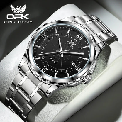 OPK Men's Quartz Watch — Steel Belt Dual Calendar Wristwatch Model 6003