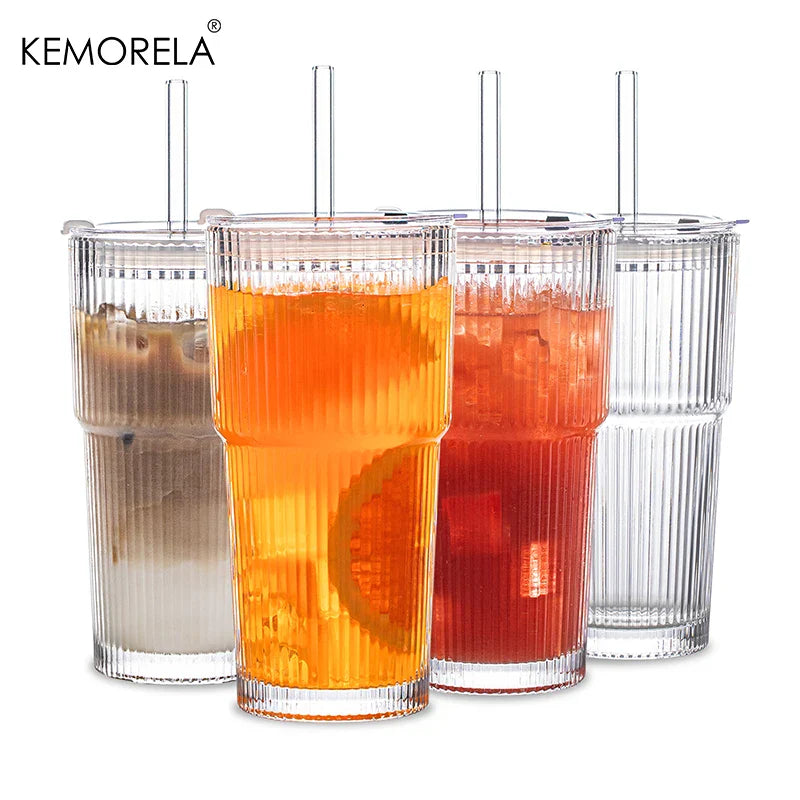 600ML Striped Glass Coffee Cup with Lid and Straw – Transparent Drinking Glasses for Juice, Milk, Tea | Iced Coffee Mug Drinkware
