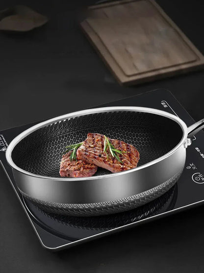 Tri-Ply 316 Stainless Steel Wok Pan with Double-Sided Honeycomb Skillet - Suitable for All Stoves