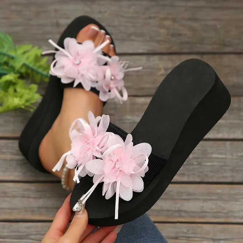 Women’s Flower Wedge Slippers - Thick Sole Pull-On Summer Beach Shoes