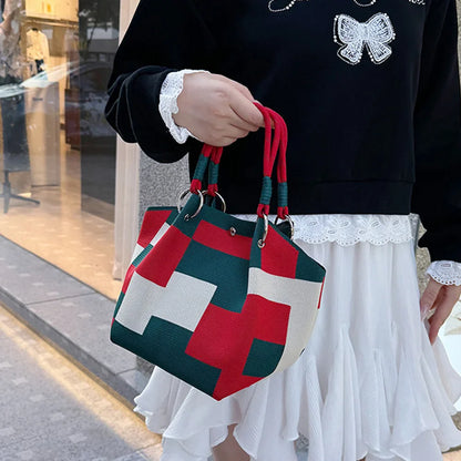 Women’s Color Block Knit Tote Bag – Bucket Style Storage Bag with Adjustable Straps, Metal Rings, Snap Closure for Casual Travel