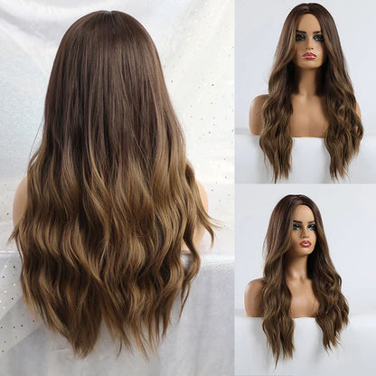 ALAN EATON Black Long Wavy Synthetic Wig – Natural Afro Hair, Middle Part, Heat-Resistant Fiber for Daily Use