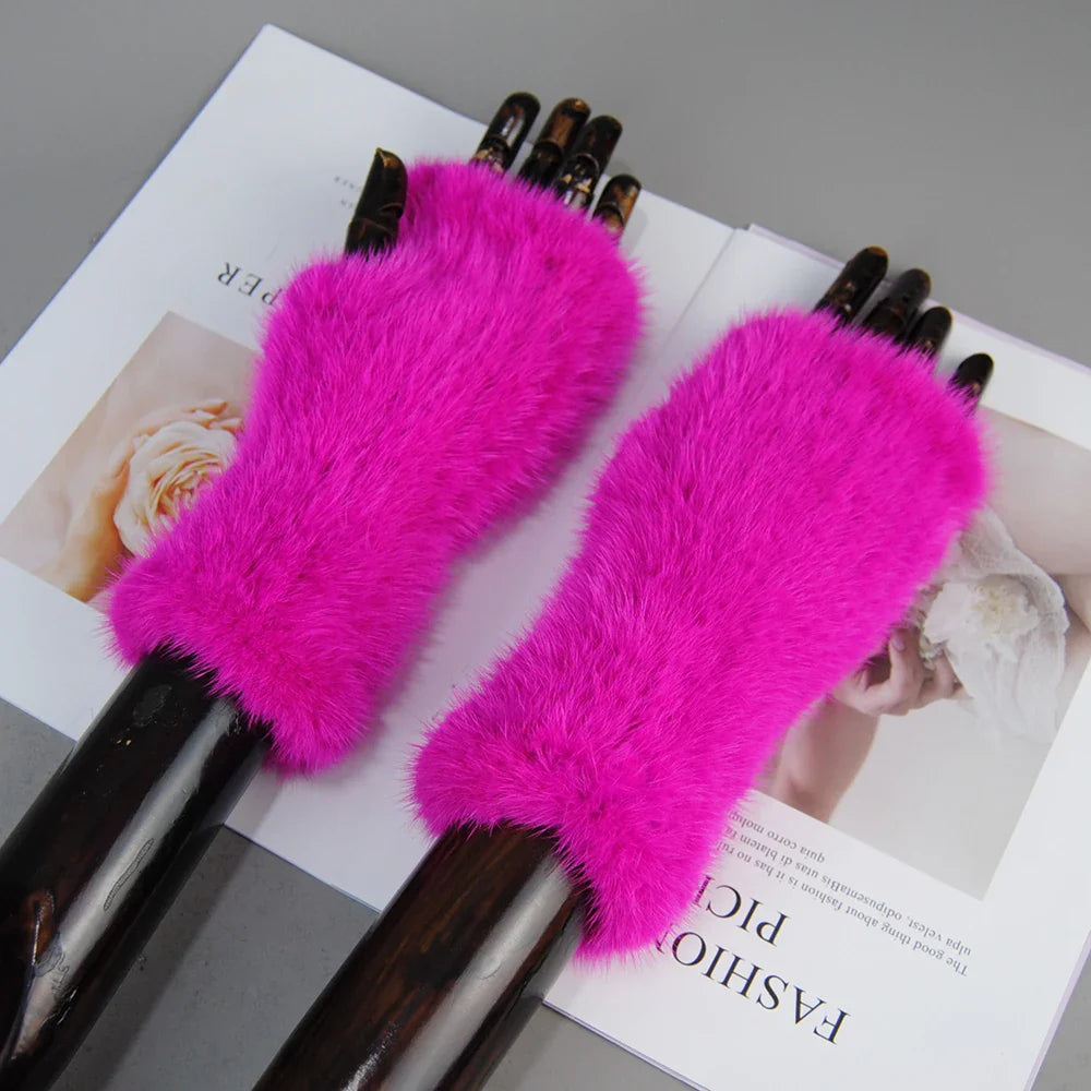 Women’s Winter Mink Fur Gloves – 100% Natural Fingerless Knitted Mittens for Warmth