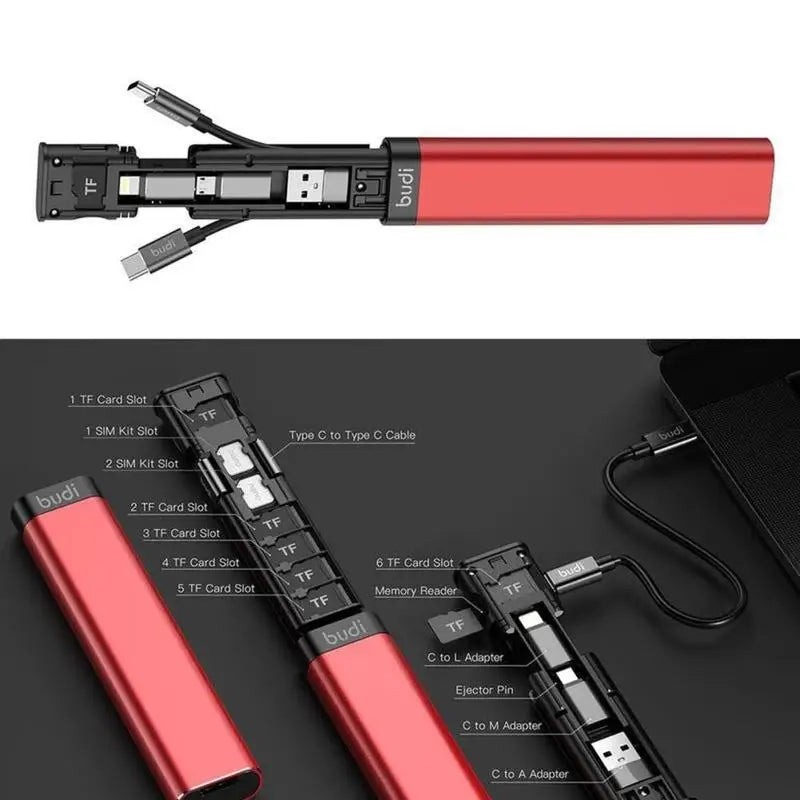 BUDI Multi-Function Smart Adapter – Data Cable, SIM Kit, TF Card Reader, Storage Case & Phone Cradle