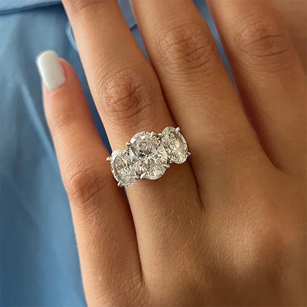 Certified 3/6cttw Real Moissanite 3-Stone Oval Engagement Ring — 925 Sterling Silver Wedding Band for Women