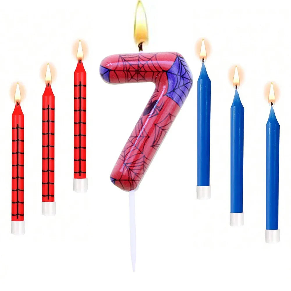 7Pcs Spider-Themed Number 4 Birthday Candles – Red & Blue Cartoon Cake Topper Decorations for Kids Party Supplies