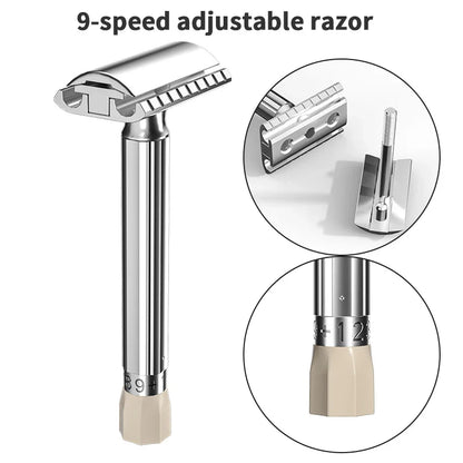 MingShi Adjustable Safety Razor – Men's Zinc Alloy Metal Shaver with 9-Speed Sharpness and 5 Blades